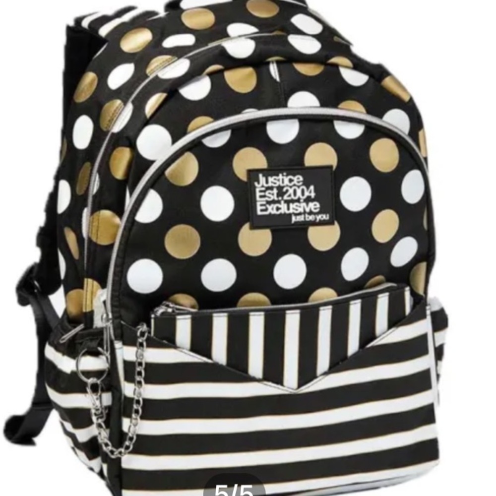 Justice  Exclusive "Just Be You" Gold & White Polka-dot & Strip Backpack bag - Picture 2 of 16
